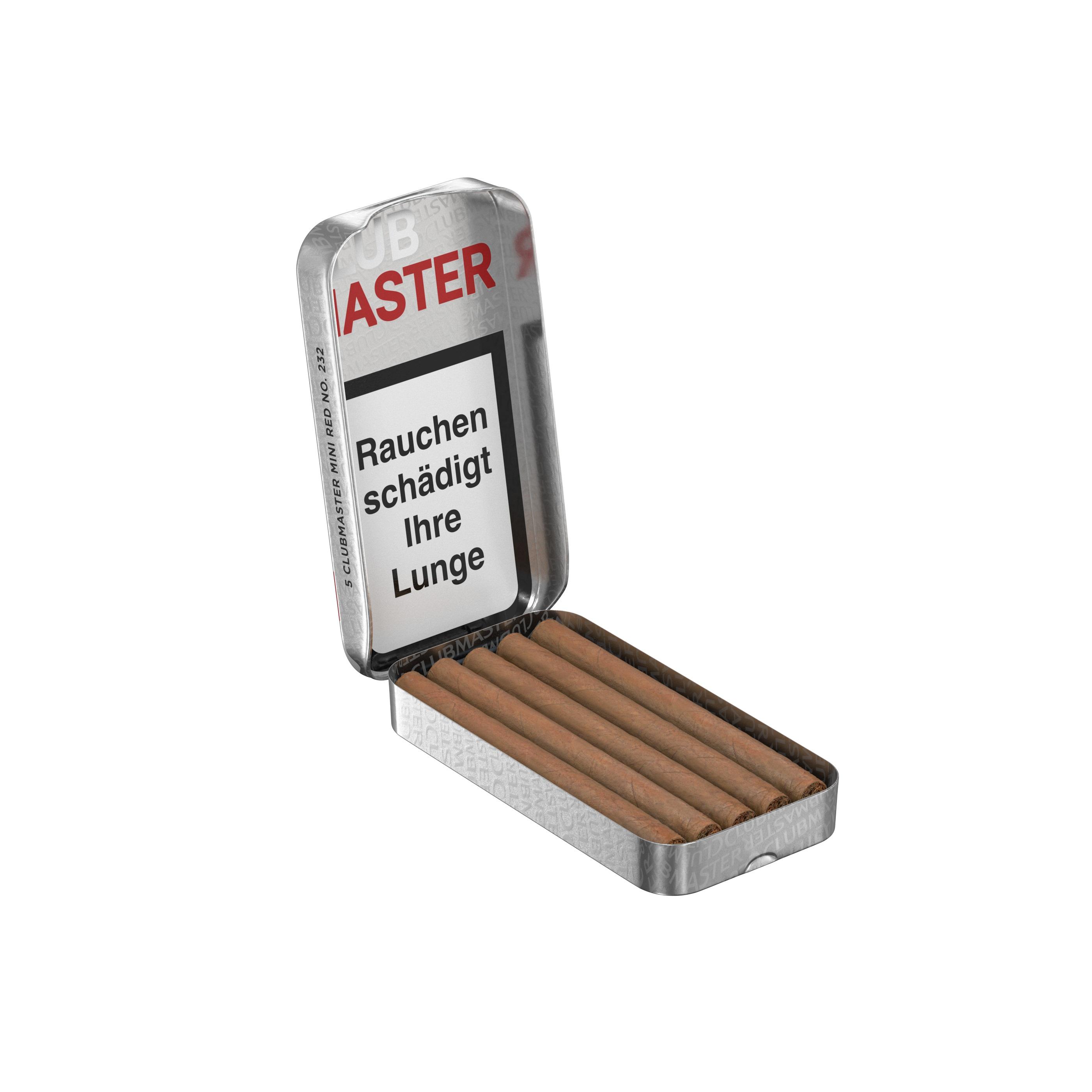 Geöffnete silberne Dose Clubmaster Zigarillos Mini Red ohne Filter, die fünf braune Zigarillos enthält. Auf dem Deckel befindet sich ein rot-weißes Etikett mit dem Warnhinweis 'RAUCHEN SCHÄDIGT IHRE LUNGE' und dem Produktnamen 'MASTER'.