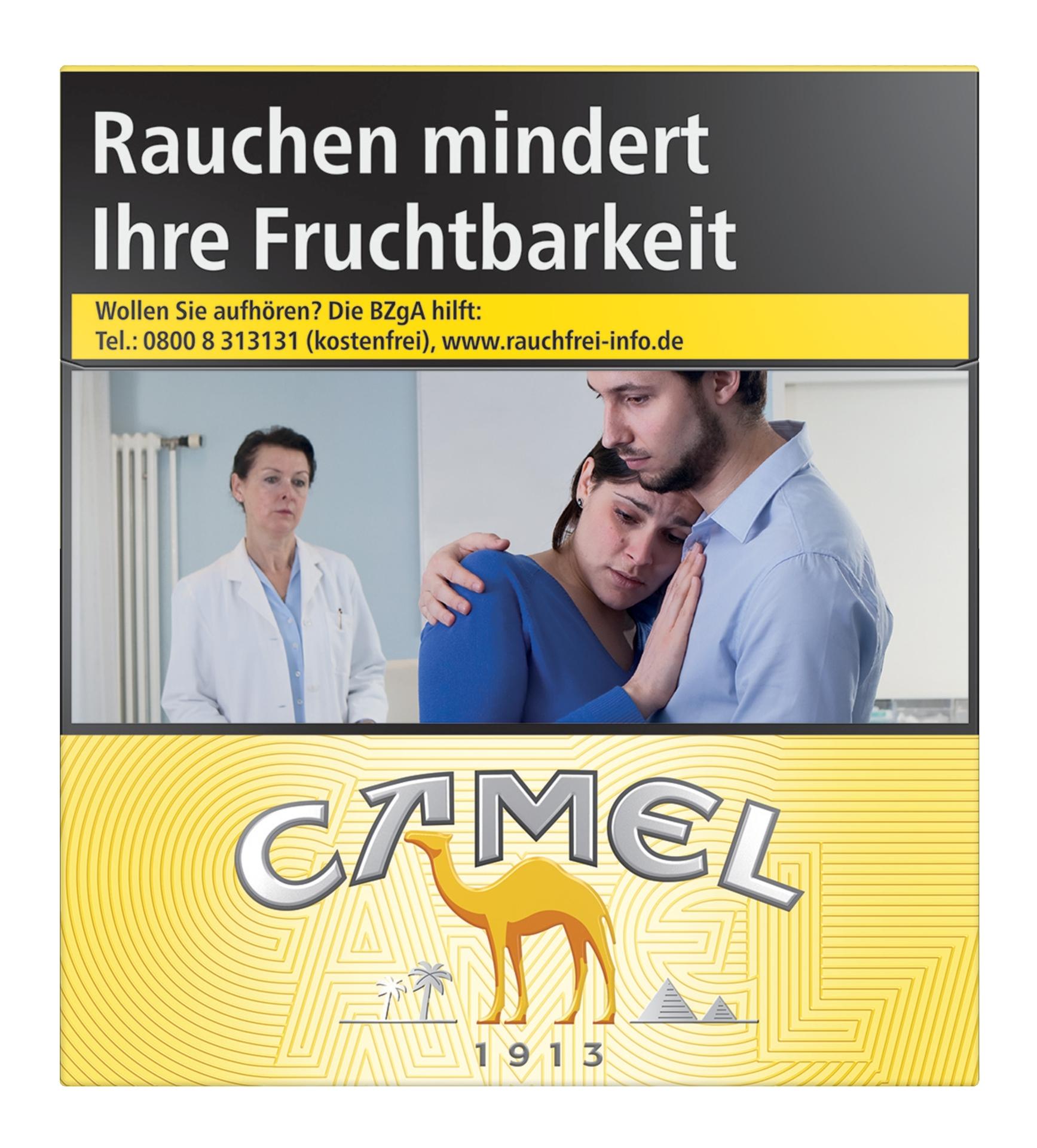 Eine Packung Camel Yellow Zigaretten 6XL von Camel mit gelb-schwarzem Design und 56 Stück Inhalt.