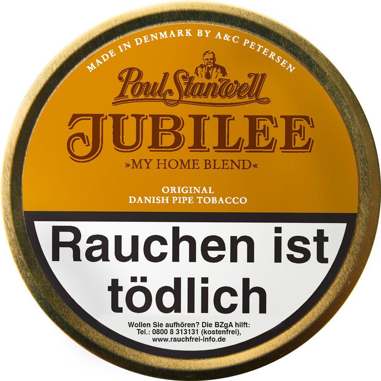 Orangefarbene 50-Gramm-Packung Poul Stanwell Jubilee Pfeifentabak von Poul Stanwell, Original Danish Pipe Tobacco, eine Mischung aus Virginia, Burley, Kentucky und Orient Tabaken, aromatisiert mit Frucht und Vanille.