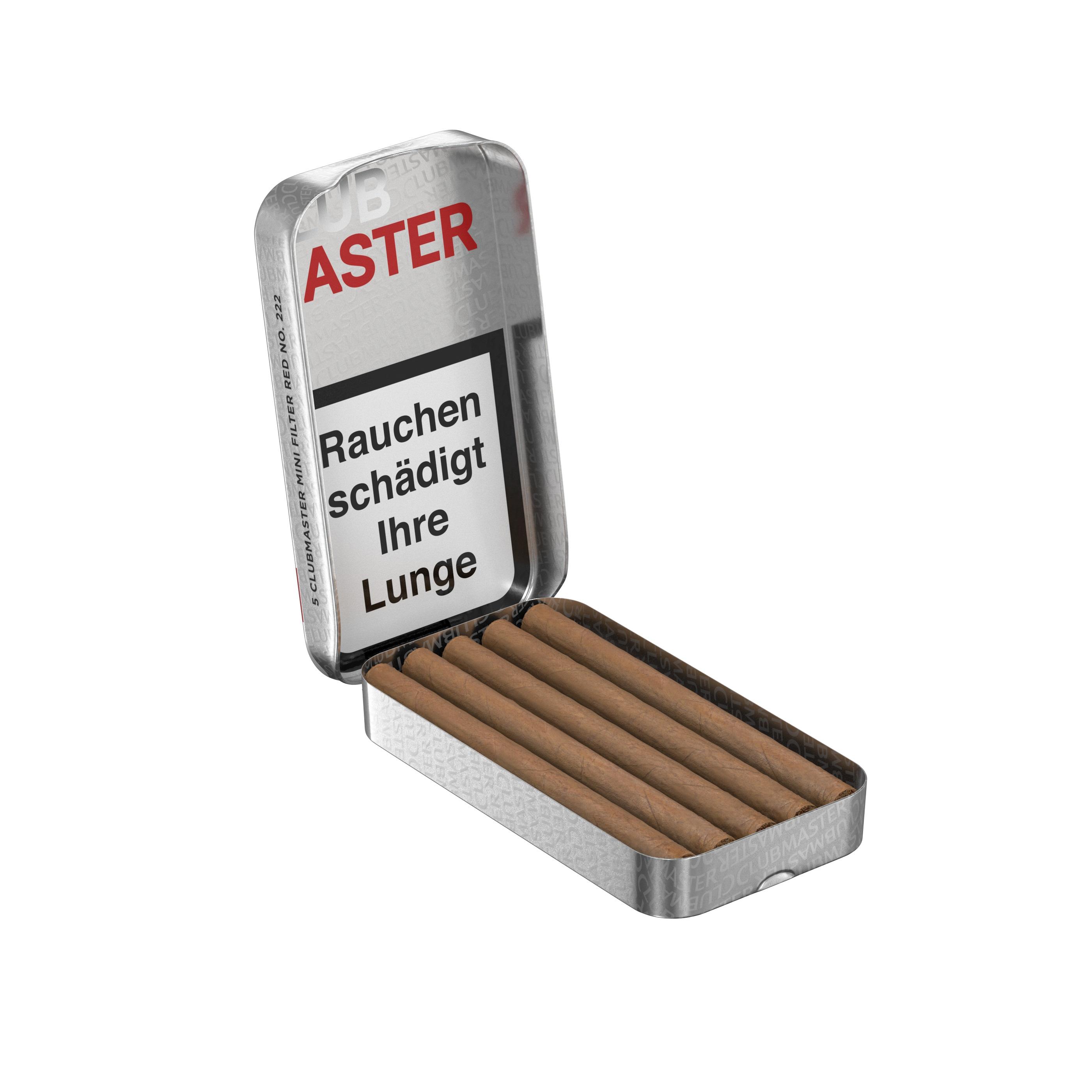 Silberne Clubmaster Zigarillos 222 Mini Filter Red Dose offen mit 5 Zigarillos.