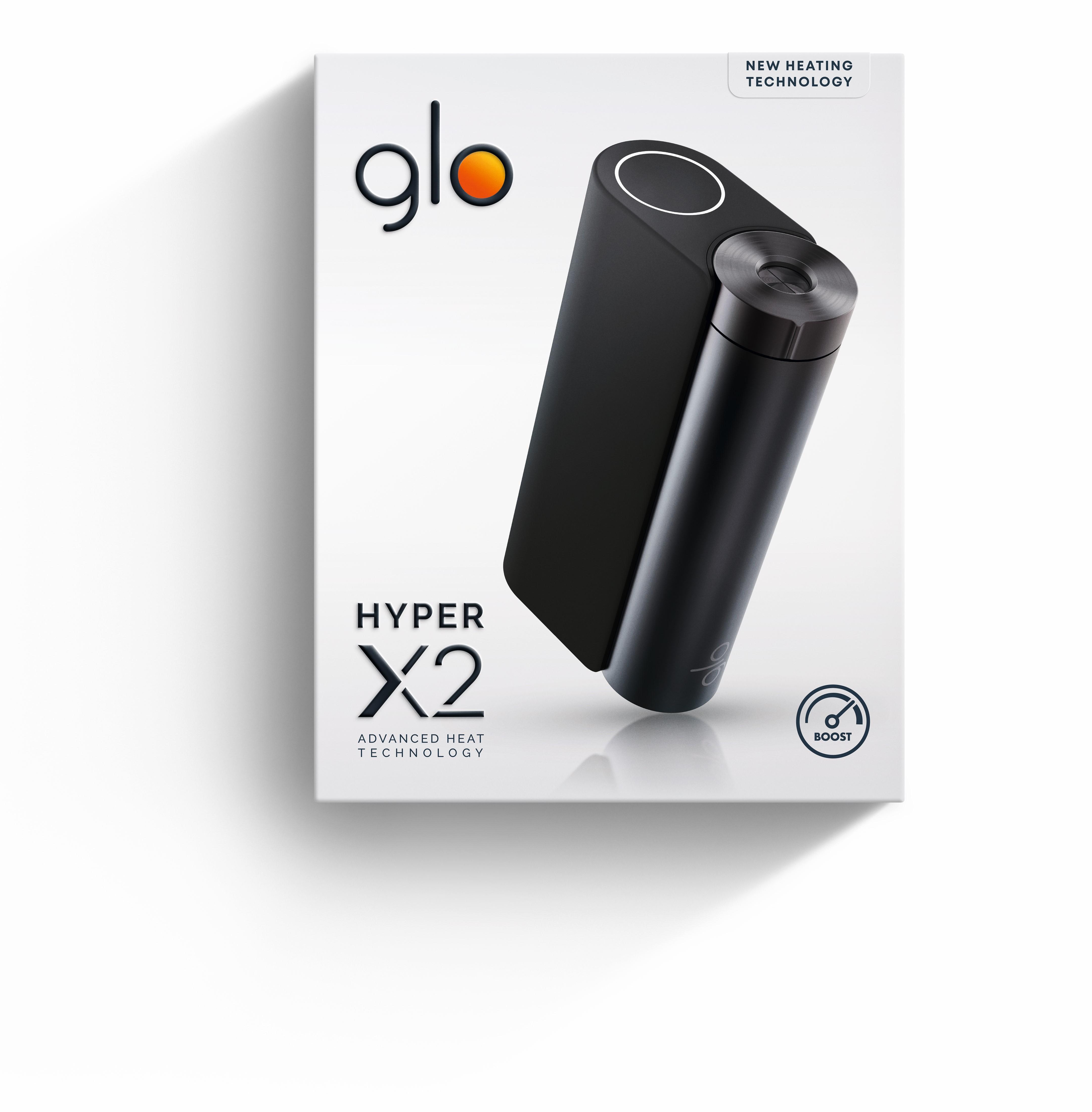 Schwarze glo hyper X2 Device Kit Verpackung mit Logo, Produktbezeichnung, Advanced Heat Technology Schriftzug und Boost-Symbol, 1 Stück.