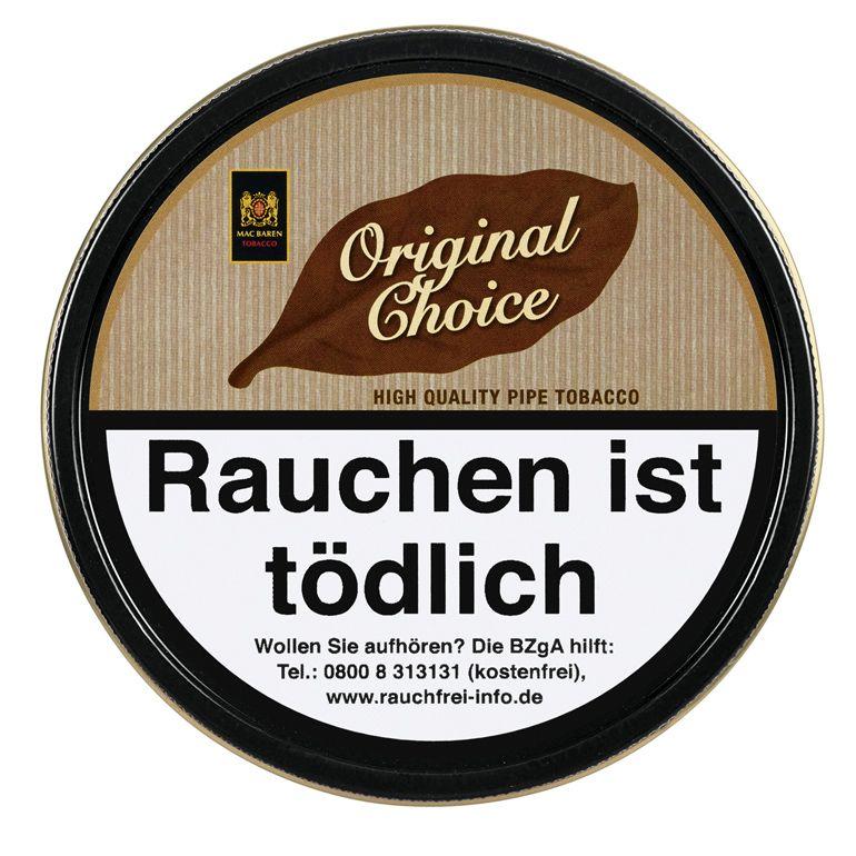 Runde 100-Gramm-Dose Mac Baren Original Choice Pfeifentabak in Schwarz mit Goldrand, Logo-Prägung und gesetzlichem Warnhinweis auf dem weißen Etikett.