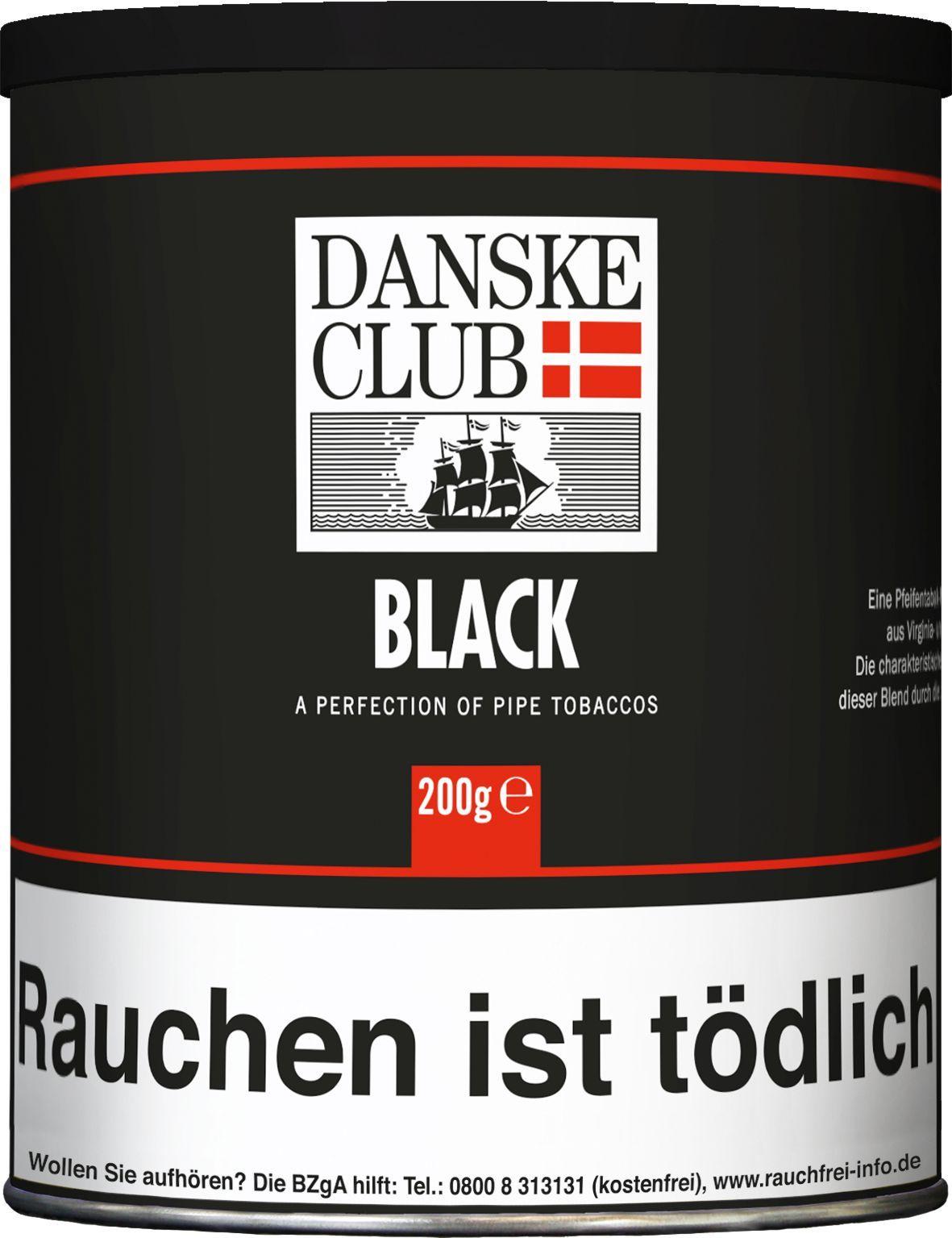 Schwarze zylindrische Dose Danske Club Pfeifentabak Black mit 200 Gramm Inhalt, verziert mit rotem Streifen, Schiffsmotiv und gesetzlichem Warnhinweis.