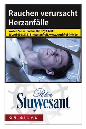 Peter Stuyvesant Original Zigaretten als Stange mit 10 Packungen zu je 20 Stück im Marken-Design mit gesetzlichem Warnhinweis.