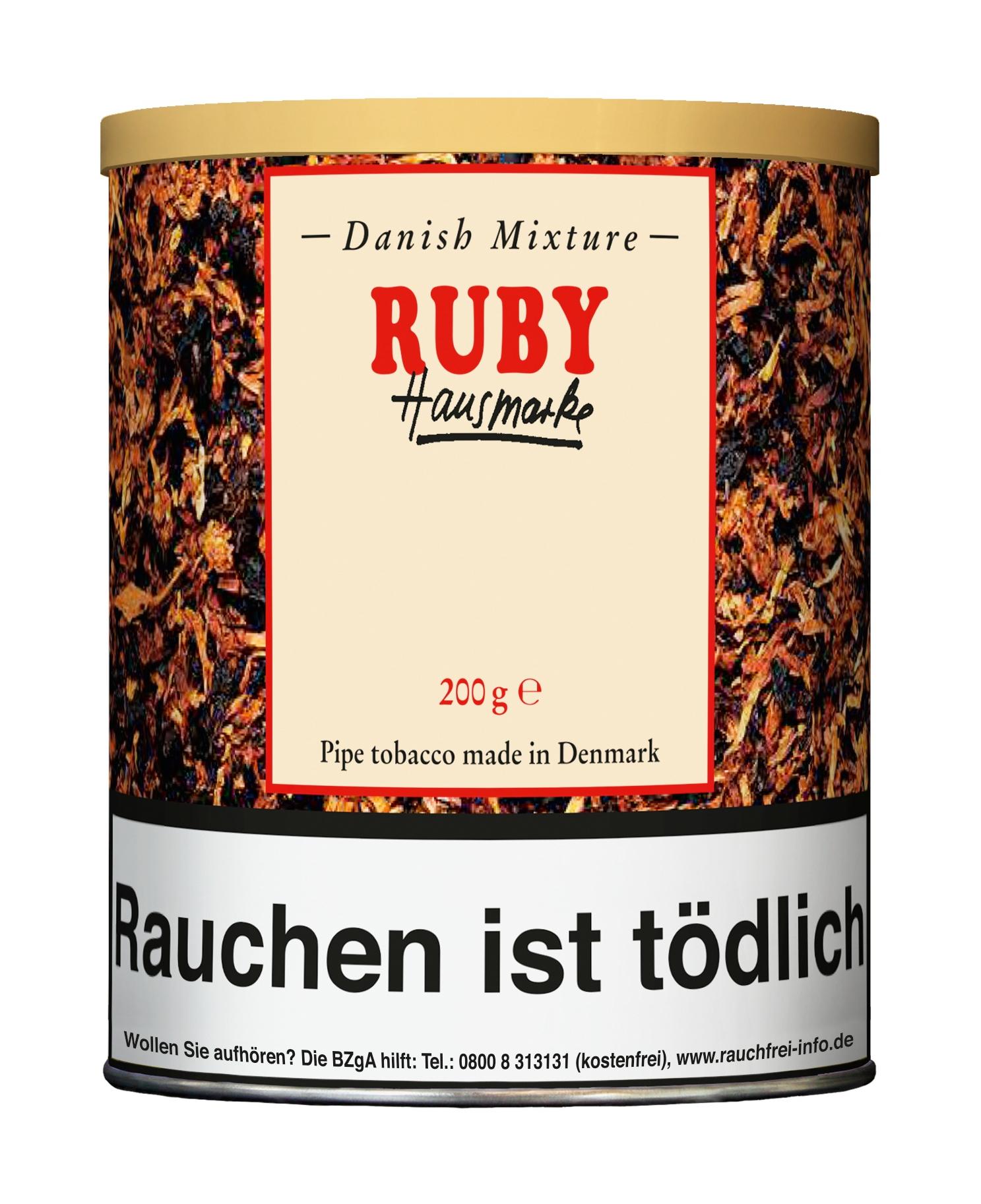 Danish Mixture Ruby Pfeifentabak in der 200 Gramm Dose mit cremefarbenem Etikett, goldfarbenen Abschlüssen und gesetzlichem Warnhinweis.