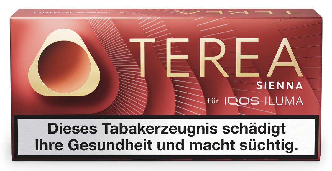 Rote TEREA Sienna Tabaksticks-Packung mit 20 Stück für IQOS ILUMA inklusive gesetzlichem Warnhinweis zu den Gesundheitsrisiken von Tabakerzeugnissen.