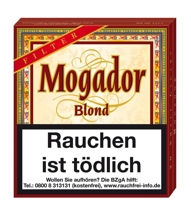 Rote 20er-Packung Mogador Blond Filter Zigarillos mit gold-weißem Etikett, dekorativem Rand und Warnhinweis "Rauchen ist tödlich", bekannt für milden Vanille-Geschmack.
