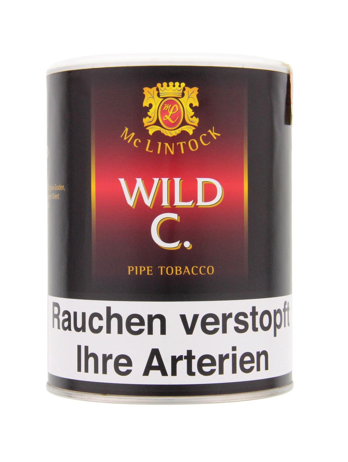 Schwarze Dose McLintock Wild C. Pfeifentabak als Mixture mit gold-rotem Etikett, 200 Gramm.