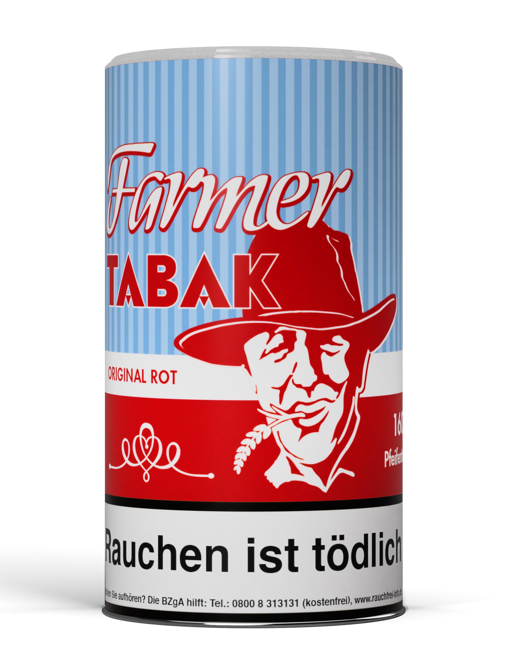 Dose Farmer Tabak Pfeifentabak Original Rot 160g mit blau-weißen Streifen und rotem Etikett.
