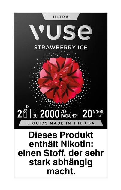 Rechteckige schwarze Packung Vuse Ultra Vape Pods (2 Stück) mit weißem Vuse Logo und 20mg Nikotin.