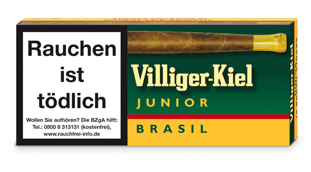 Grüne Packung Villiger-Kiel Zigarillos Junior Brasil 1 Stange von Villiger mit gelbem Band.