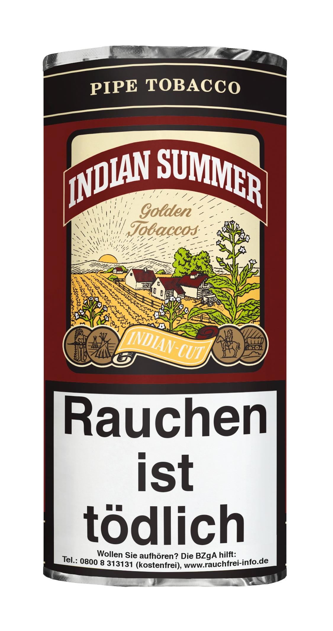 Indian Summer Pfeifentabak, 5 Packungen à 50 Gramm in einer zylindrischen Metalldose mit rot-cremefarbenem Design und Illustration einer ländlichen Szene.