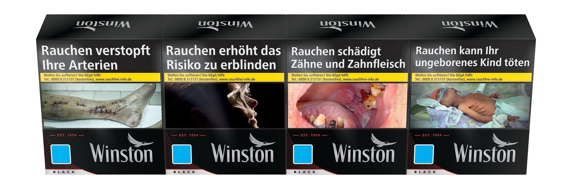 Stange Winston Black 5XL Zigaretten mit 5 Packungen à 39 Stück in schwarzen Schachteln mit weißen Schriftzügen und Warnhinweisen.