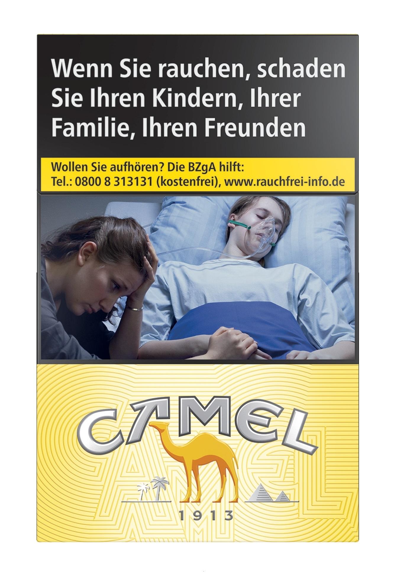 Eine Packung Camel Yellow Zigaretten XXL in Gelb und Schwarz mit dem Camel Logo, enthält 25 Stück.