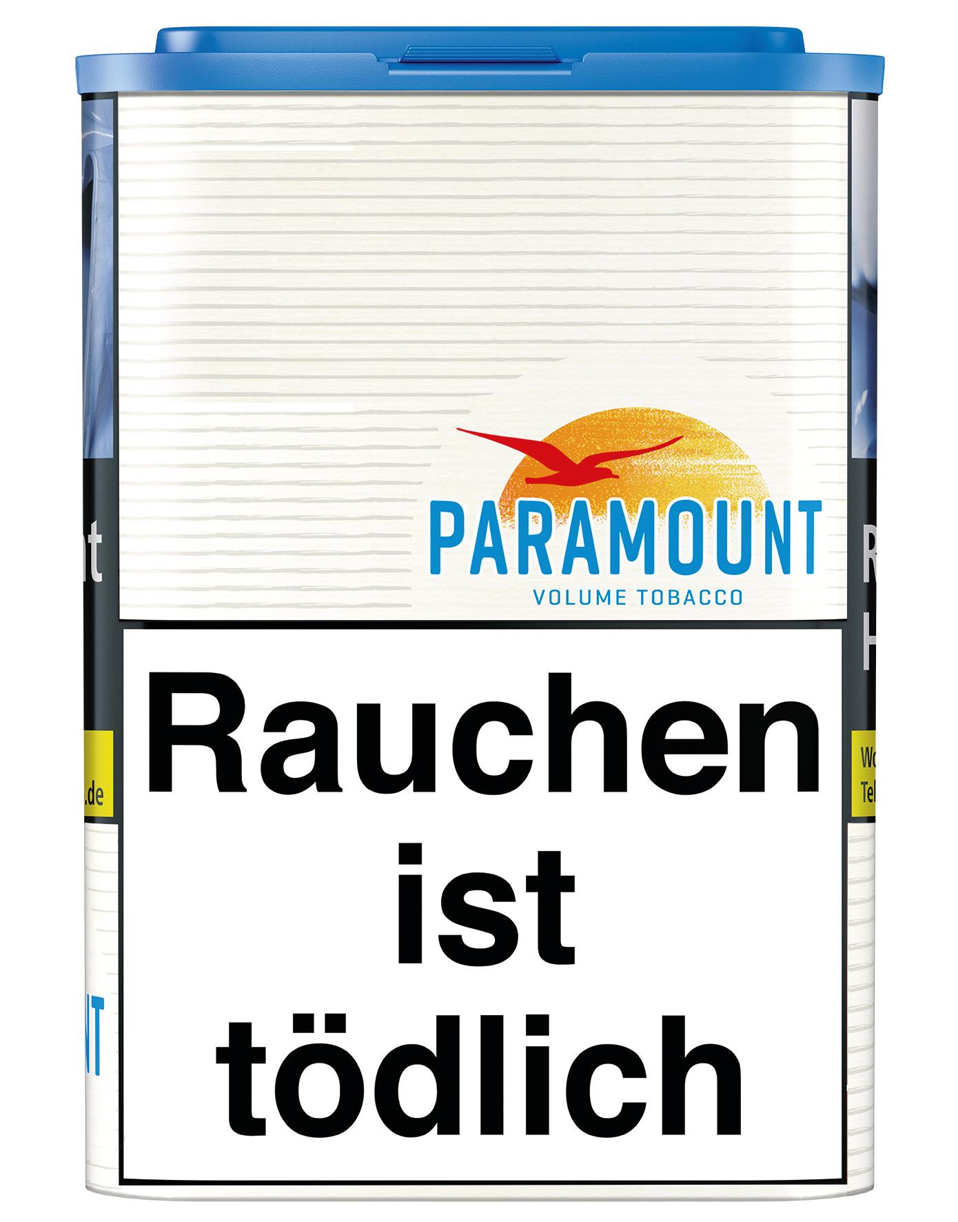 Paramount Blue Volumentabak in der 75 Gramm Dose mit blauem Deckel, weißem Etikett inklusive Logo und gesetzlichem Warnhinweis.