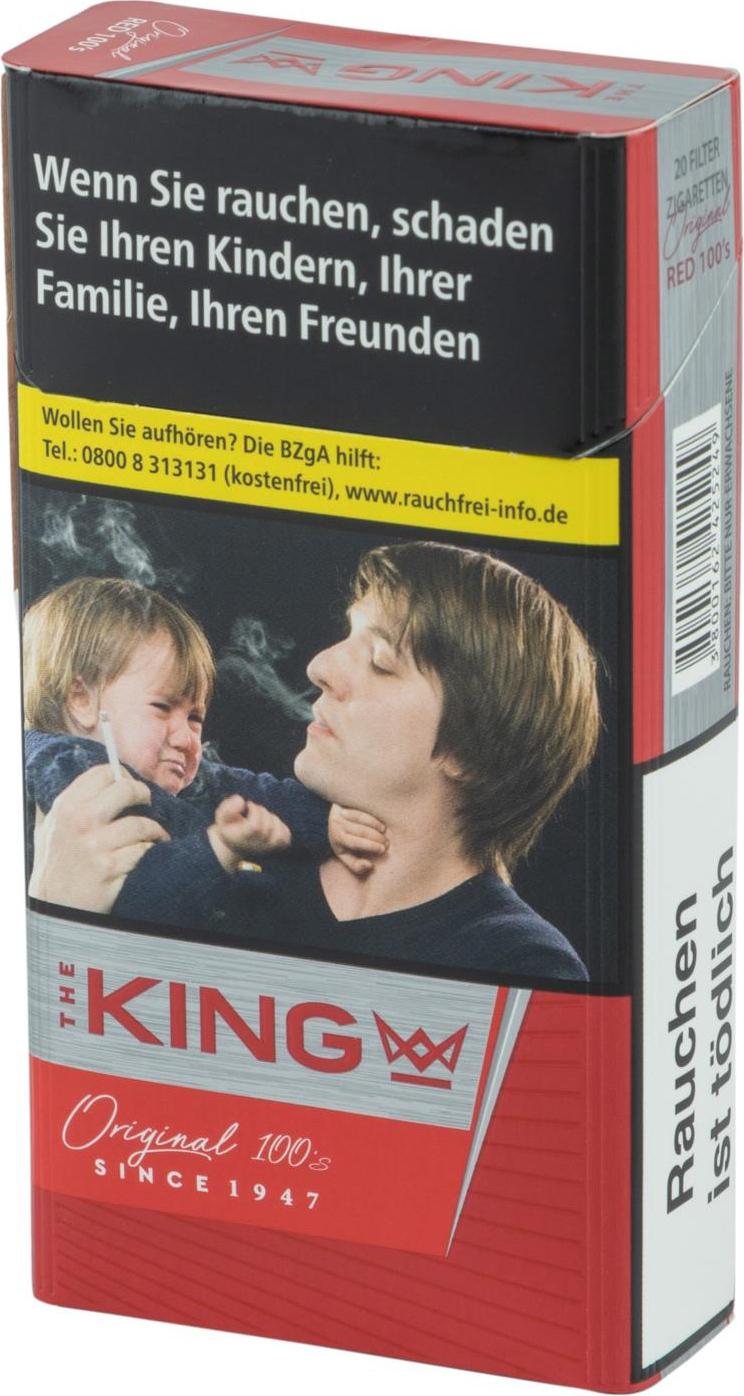 Rot-schwarze Packung The King Red 100er Long Size Zigaretten, Stange mit 10 Packungen á 20 Stück.