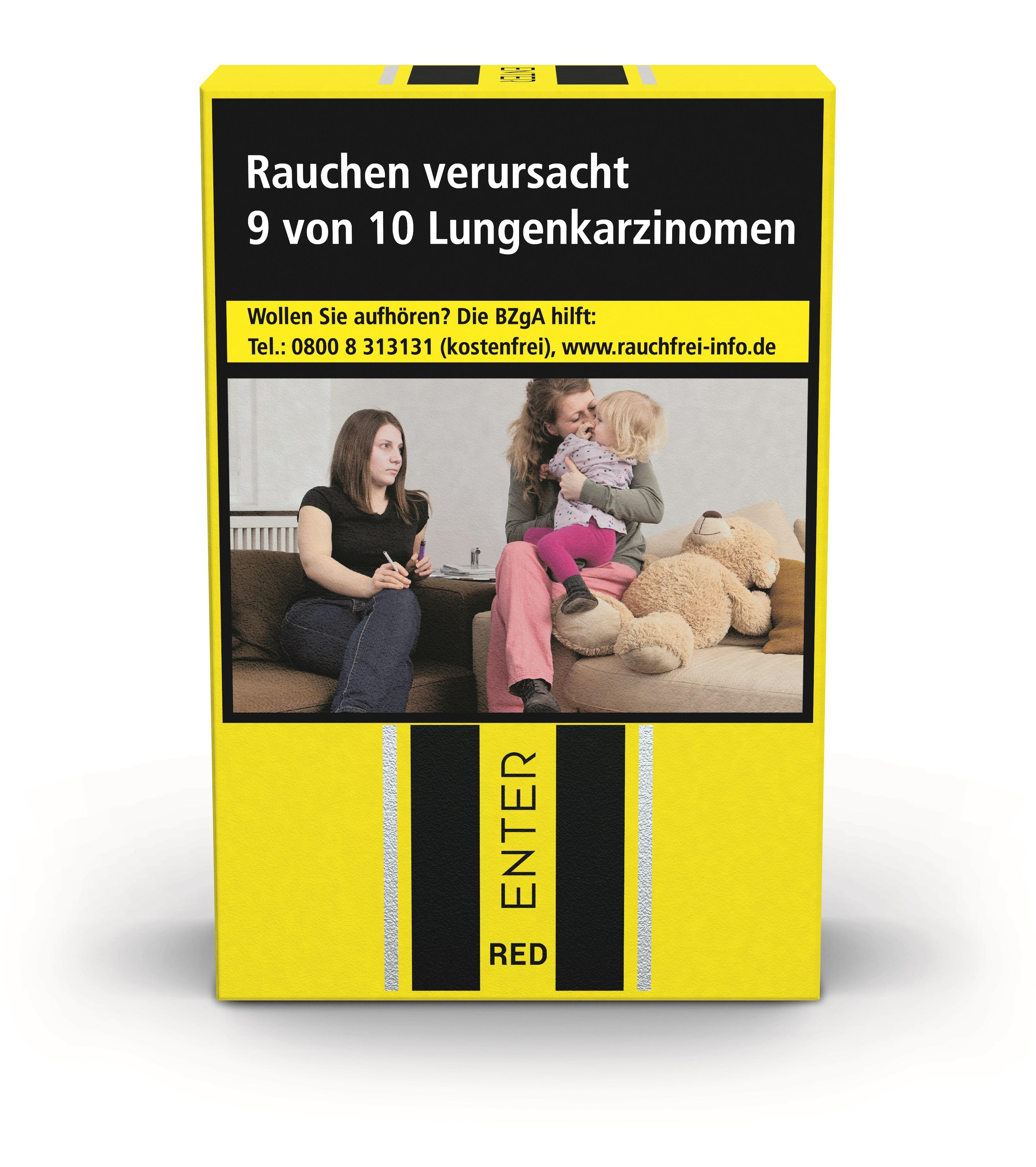 Original ENTER Red Filterzigaretten in gelber Packung mit markantem schwarz-weißem Design und gesetzlichem Warnhinweis, 20 Stück.