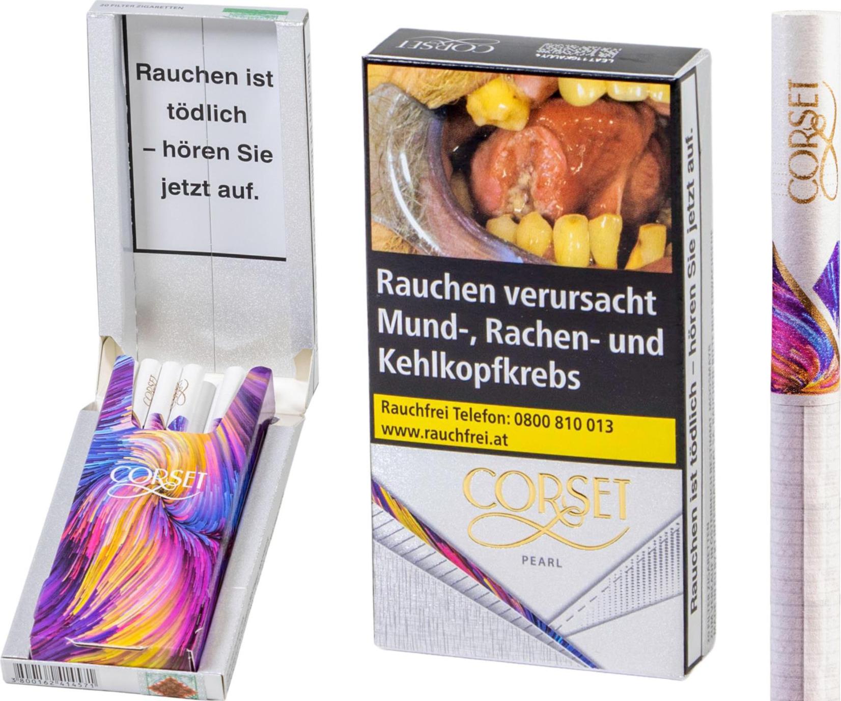 Packung Corset Pearl Slim Zigaretten im neuen Shell Pack Design mit 20 Stück Inhalt.