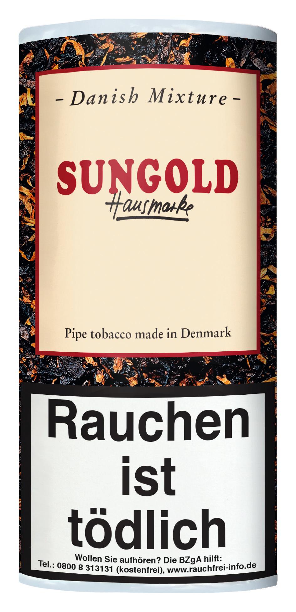 Zylindrische 50-Gramm-Dose Danish Mixture Pfeifentabak Sungold mit beigefarbenem Etikett, rotem Markenlogo und gesetzlichem Warnhinweis.