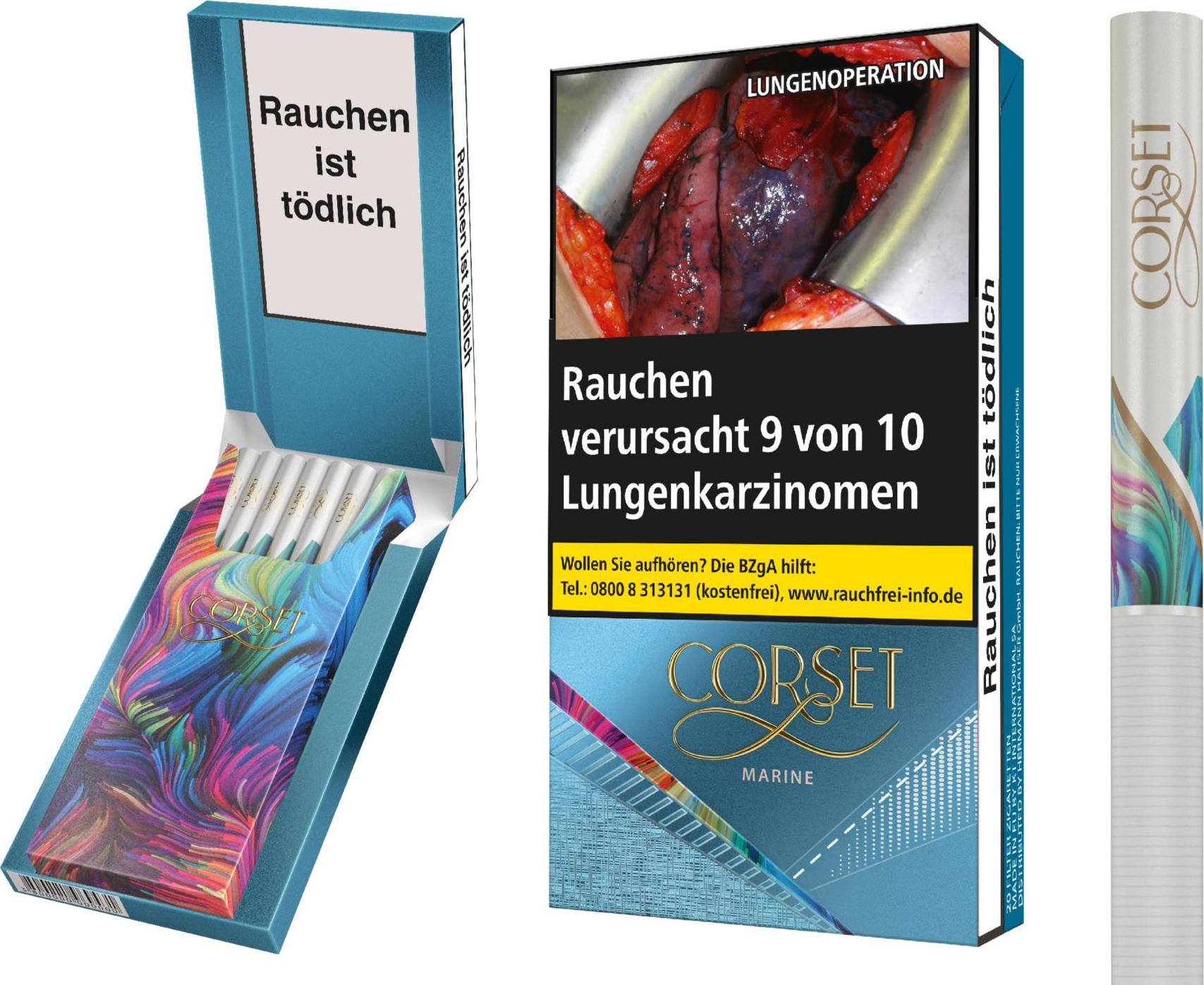 Produktfoto einer geöffneten Stange Corset Marine Slim 100 Zigaretten, bestehend aus 10 Packungen á 20 Stück, im blauen Shell-Pack mit farbigem Design und Warnhinweisen.
