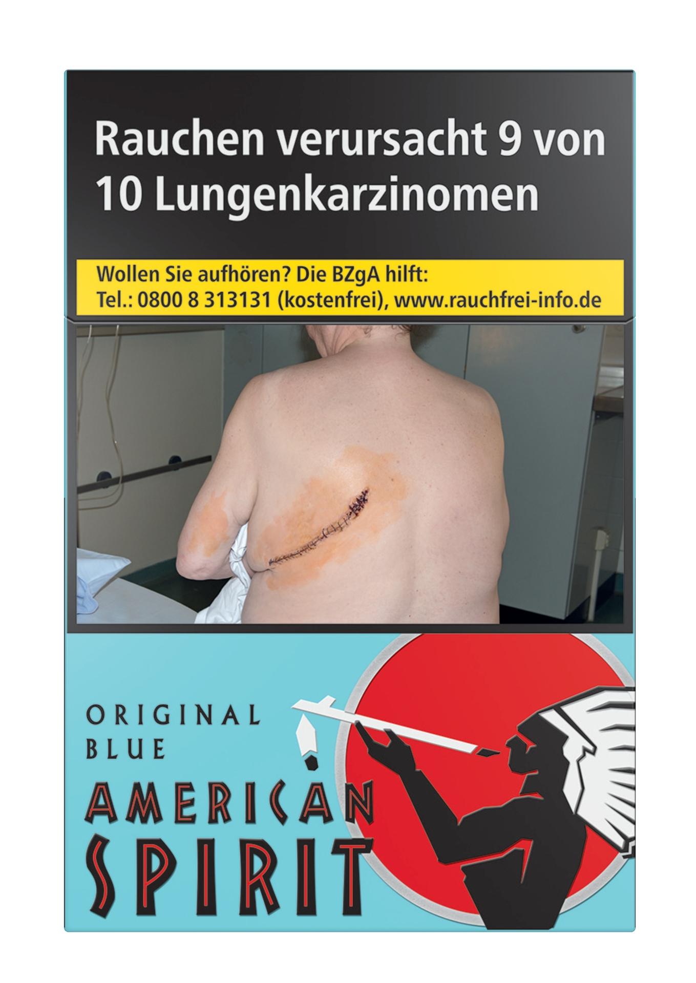 Packung American Spirit Original Blue L Zigaretten (20 Stück) ohne Zusatzstoffe mit dem Warnhinweis "Rauchen verursacht 9 von 10 Lungenkarzinomen".