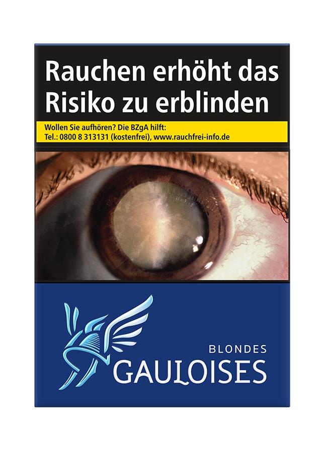 Blaue Packung Gauloises Blondes Blau Zigaretten von Gauloises mit dem markanten Augen-Motiv in der 24-Stück-Packung.