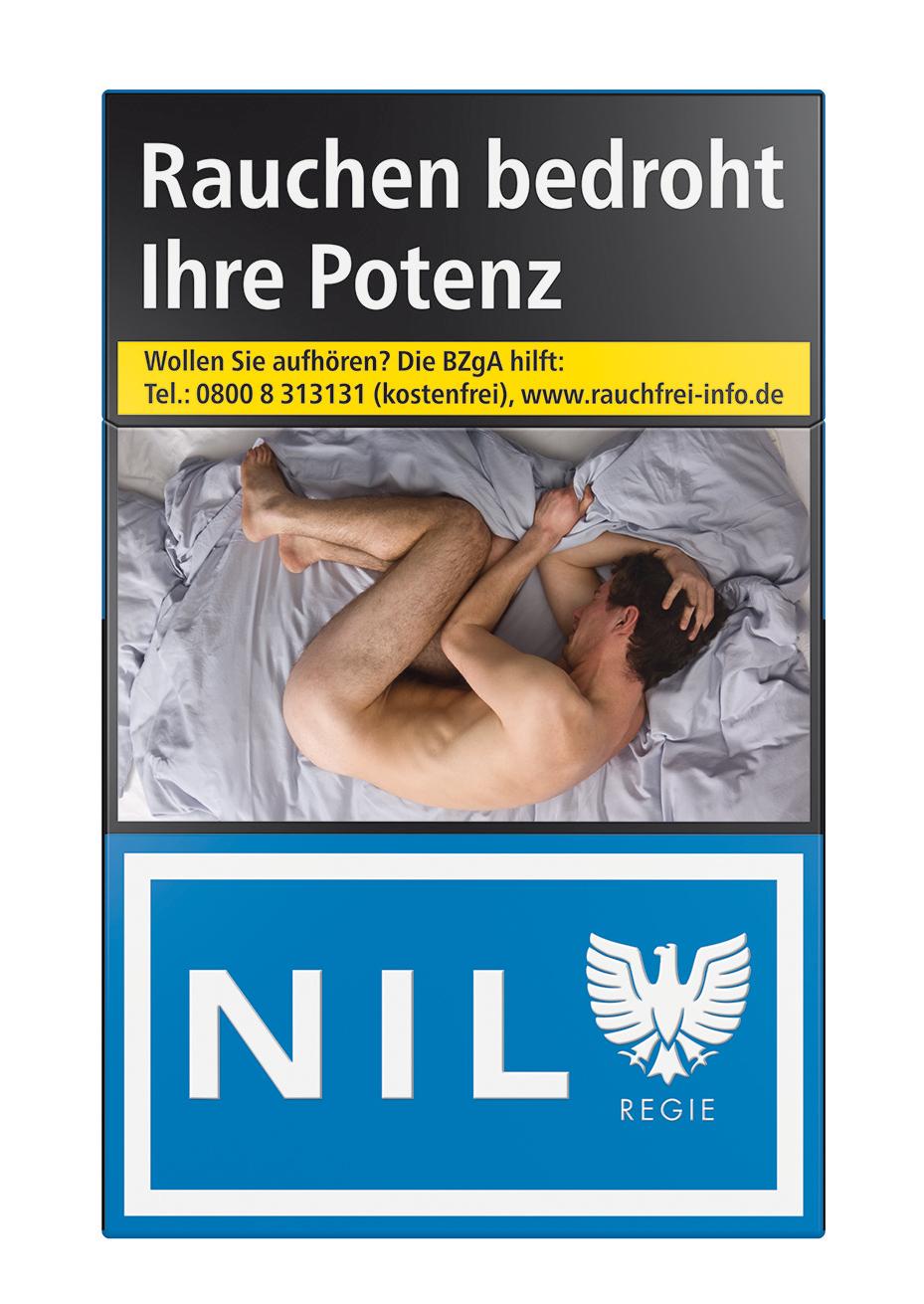 Eine Packung Nil Filterzigaretten von Nil in Blau mit weißem Adler-Logo und Schriftzug, mit Gesundheitswarnung auf der Oberseite.