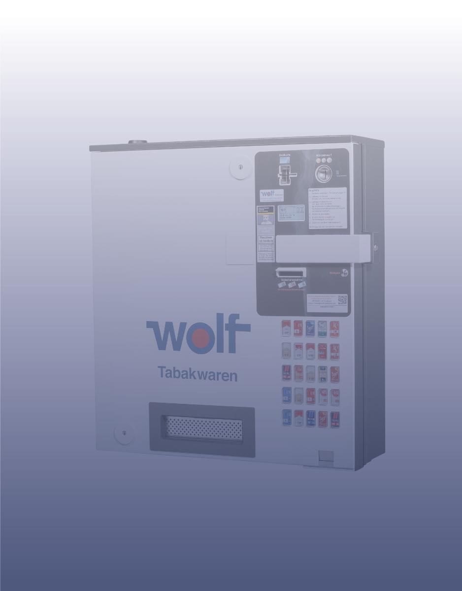 Weiß-grauer Tabakwaren Wolf Verkaufsautomat mit Tastatur und Display auf neutralem Hintergrund.