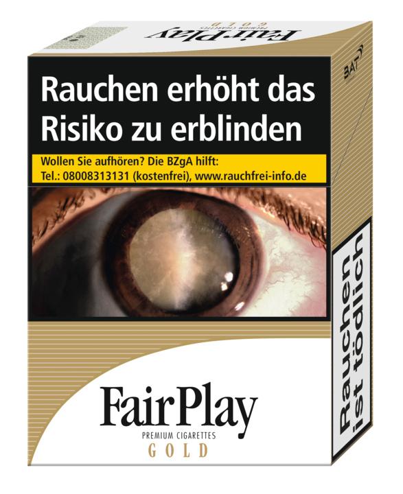 Fair Play Gold XXL Zigaretten, 1 Packung mit 24 Stück. Weiße Zigarettenpackung mit goldenen Streifen oben und unten, Warnhinweisen zum Rauchen und Fair Play Logo.