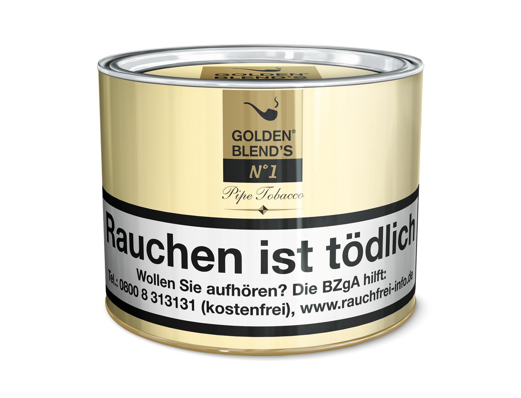 Runde beigefarbene Dose Golden Blend`s Pfeifentabak No. 1 mit silbernem Deckel und schwarzem Etikett, 100 Gramm Inhalt.