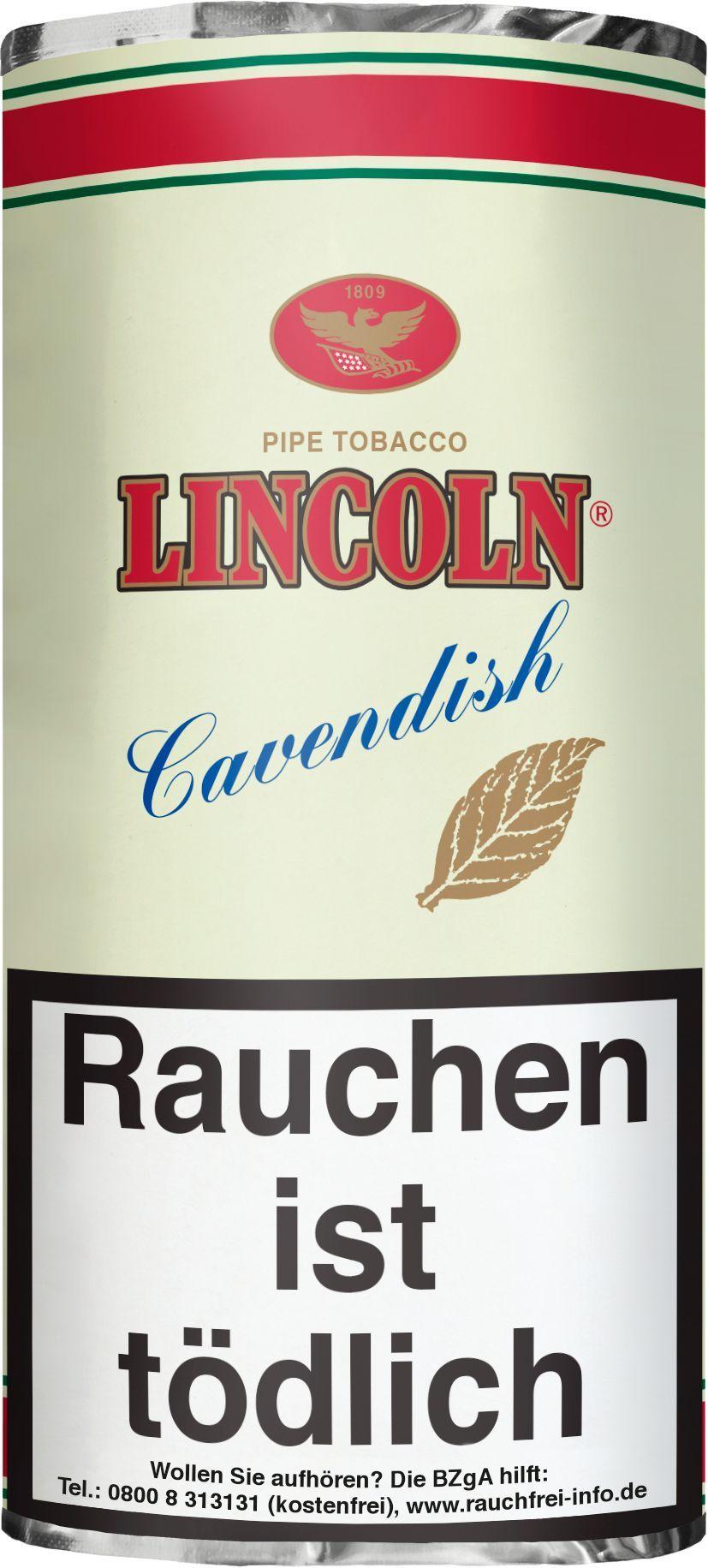 Weiße Dose Lincoln Cavendish Pfeifentabak mit roten Streifen und goldenem Blattdesign, auf der der rote Markenname "Lincoln" und der blaue Schriftzug "Cavenish" abgebildet sind. Der leicht würzige Ready-Rubbed Pfeifentabak aus Burley, Virginia und Orient 