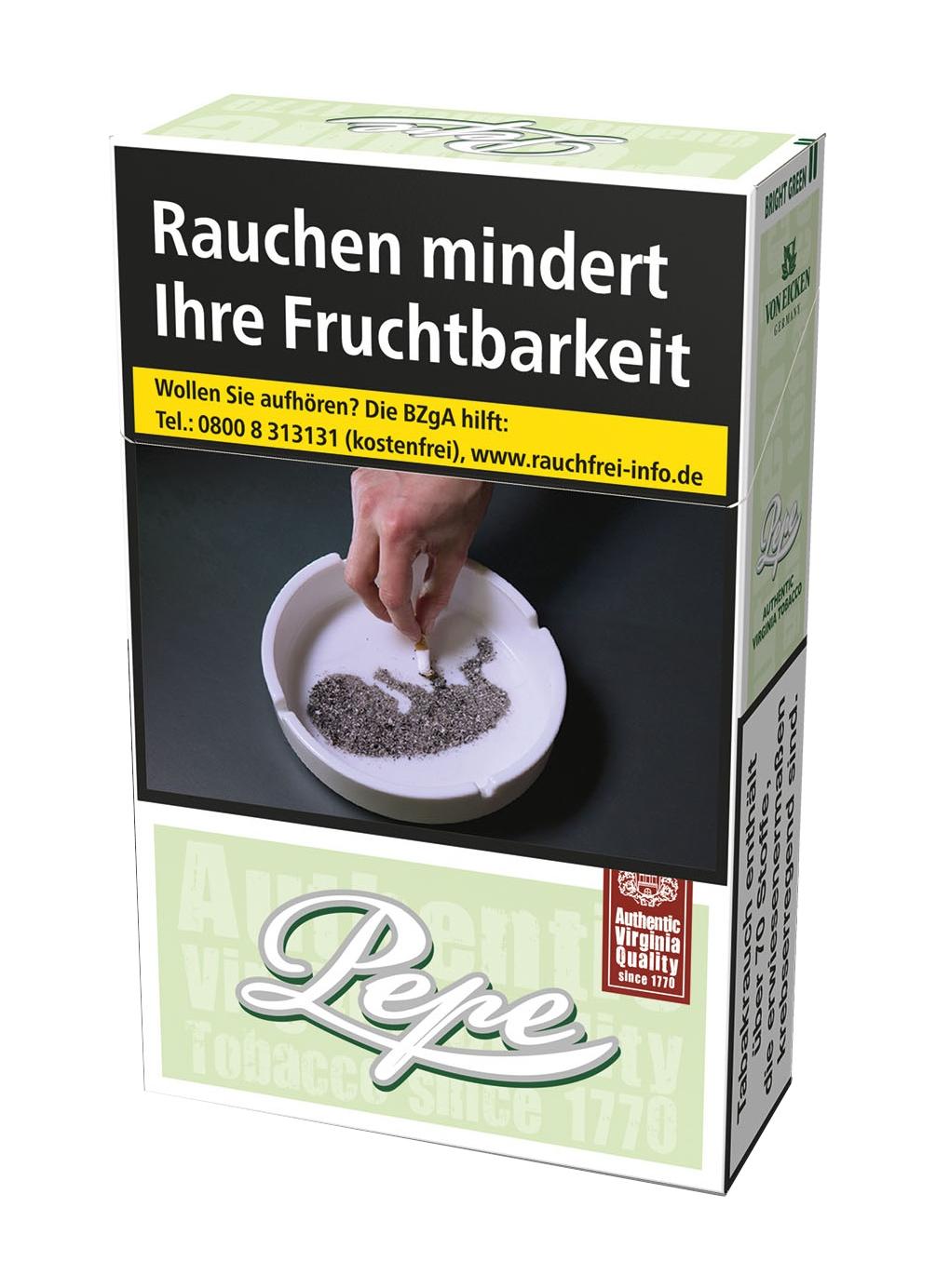Pepe Zigaretten Bright Green, Packung mit 20 Stück, hergestellt aus einer Virginia Blend Tabakmischung ohne Zusatzstoffe im weißen Design mit grünen Akzenten.