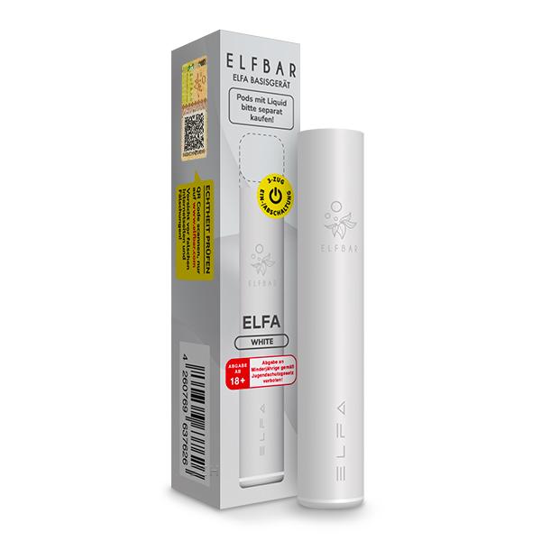 Weißes ELFA Pod-Kit von Elfbar mit wiederaufladbarem 500 mAh Akku und passender Umverpackung als Einzelstück.