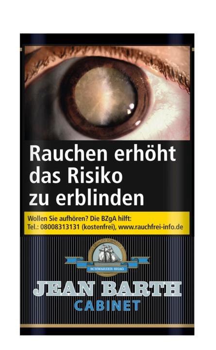 Schwarze Packung Jean Barth Cabinet Zware Schwarz Zigarettentabak Gebinde von Heupink & Bloemen, ein schwarzbrauner Feinschnitttabak, mit dem Warnhinweis "Rauchen erhöht das Risiko zu erblinden", dargestellt durch ein Bild eines menschlichen Auges. Verpac