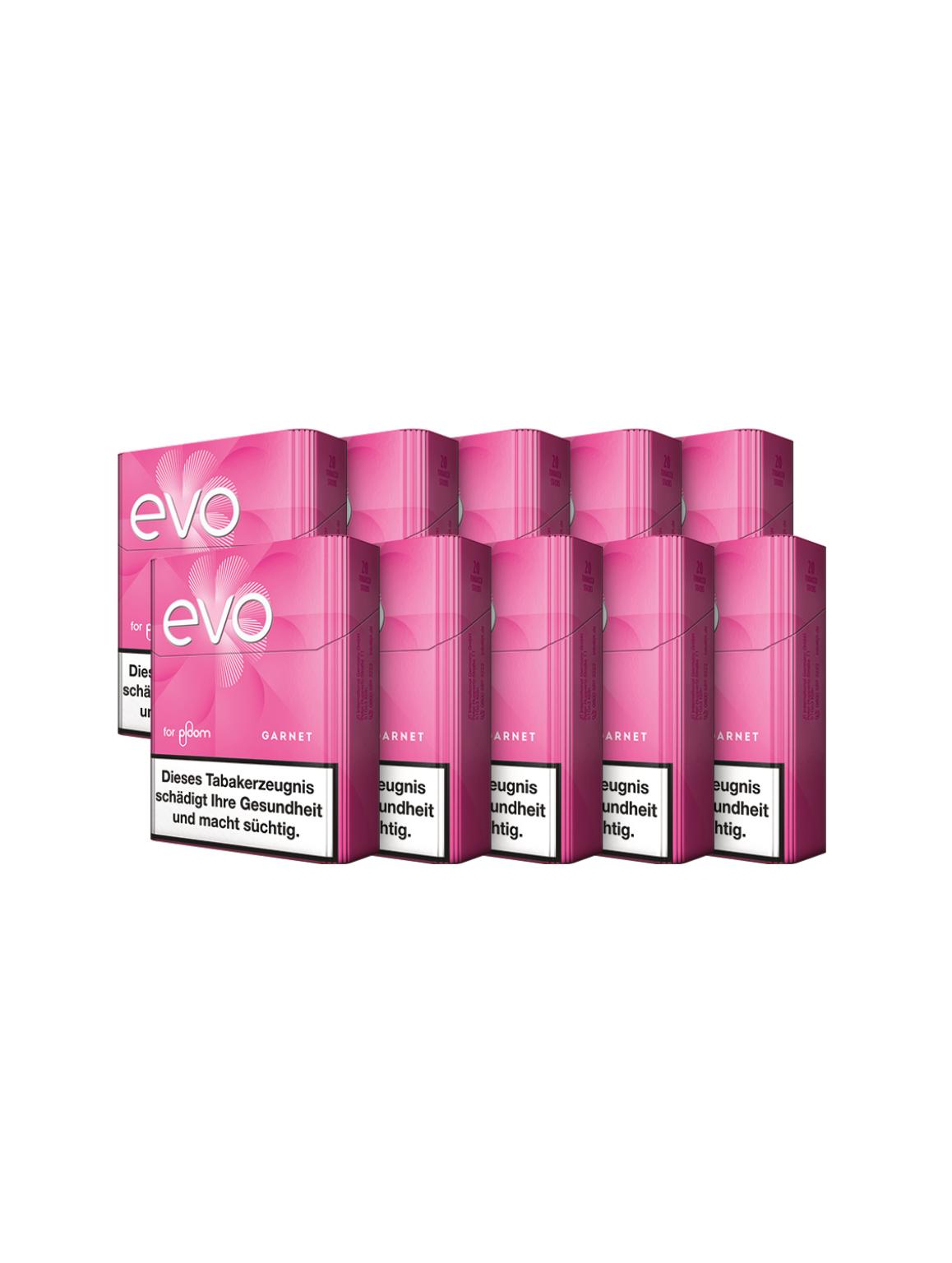 EVO Tobacco Sticks Garnet in der 10er-Stange, bestehend aus 200 Stück mit CleanSeal-Versiegelung in rosa Verpackung.
