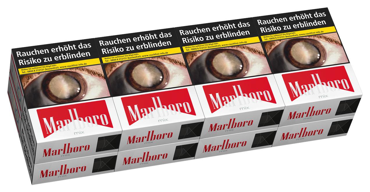 Marlboro Mix XL Zigaretten, eine Stange mit 8 Packungen à 30 Stück. Die rot-weißen Packungen von Marlboro zeigen eine Augen-Illustration und den deutschen Warnhinweis "Rauchen erhöht das Risiko zu erblinden".