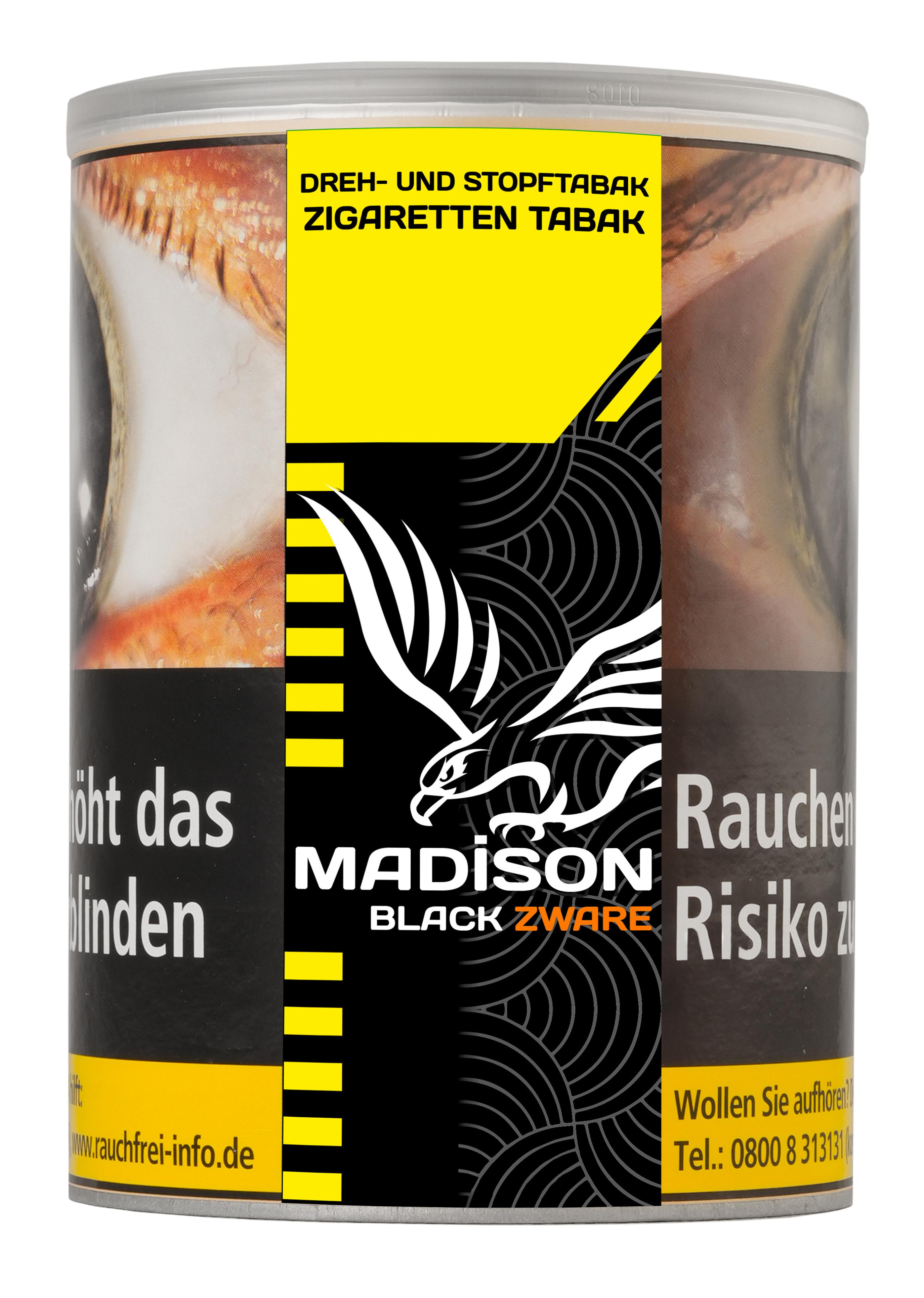 Madison Zigarettentabak Black Zware 120 Gramm in schwarzer Dose mit gelb/weißem Etikett und Adler-Logo.