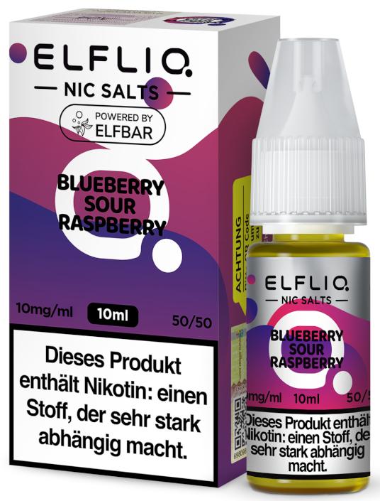 Gelbe 10ml Liquid-Flasche von ELFLIQ mit weißem Verschluss und passender weißer Umverpackung mit lilafarbenen Designelementen.