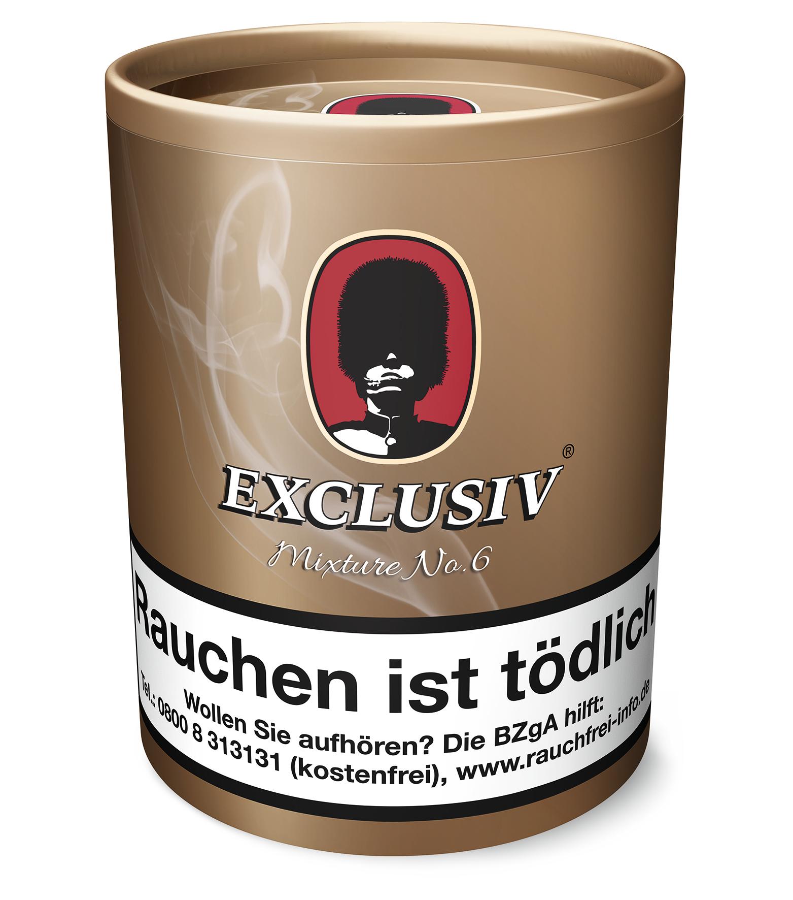 Exclusiv Pfeifentabak Mixture No. 6 Sherry & Cherry mit Kirsch- und Sherry-Aroma in einer hellbraunen 200-Gramm-Dose mit goldenem Deckel und einem Etikett mit dem Logo einer Person mit Militärhut sowie dem Warnhinweis 'Rauchen ist tödlich'.
