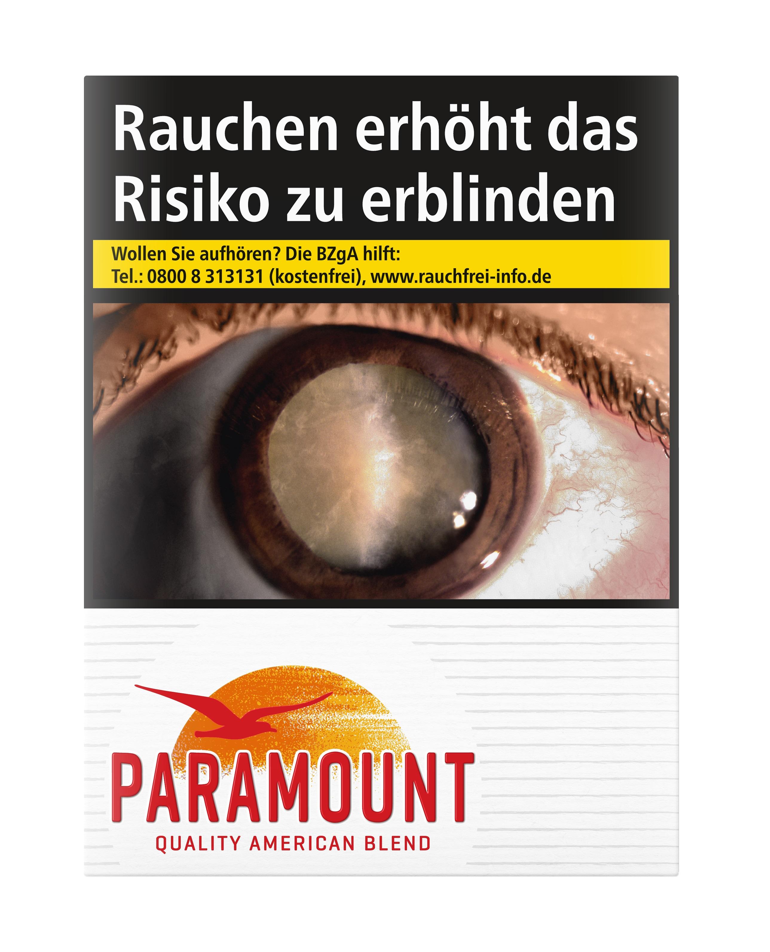 Stange Paramount Red Zigaretten American Blend, Packung weiß mit schwarzem Kopfteil, enthält 8 Packungen á 23 Stück.