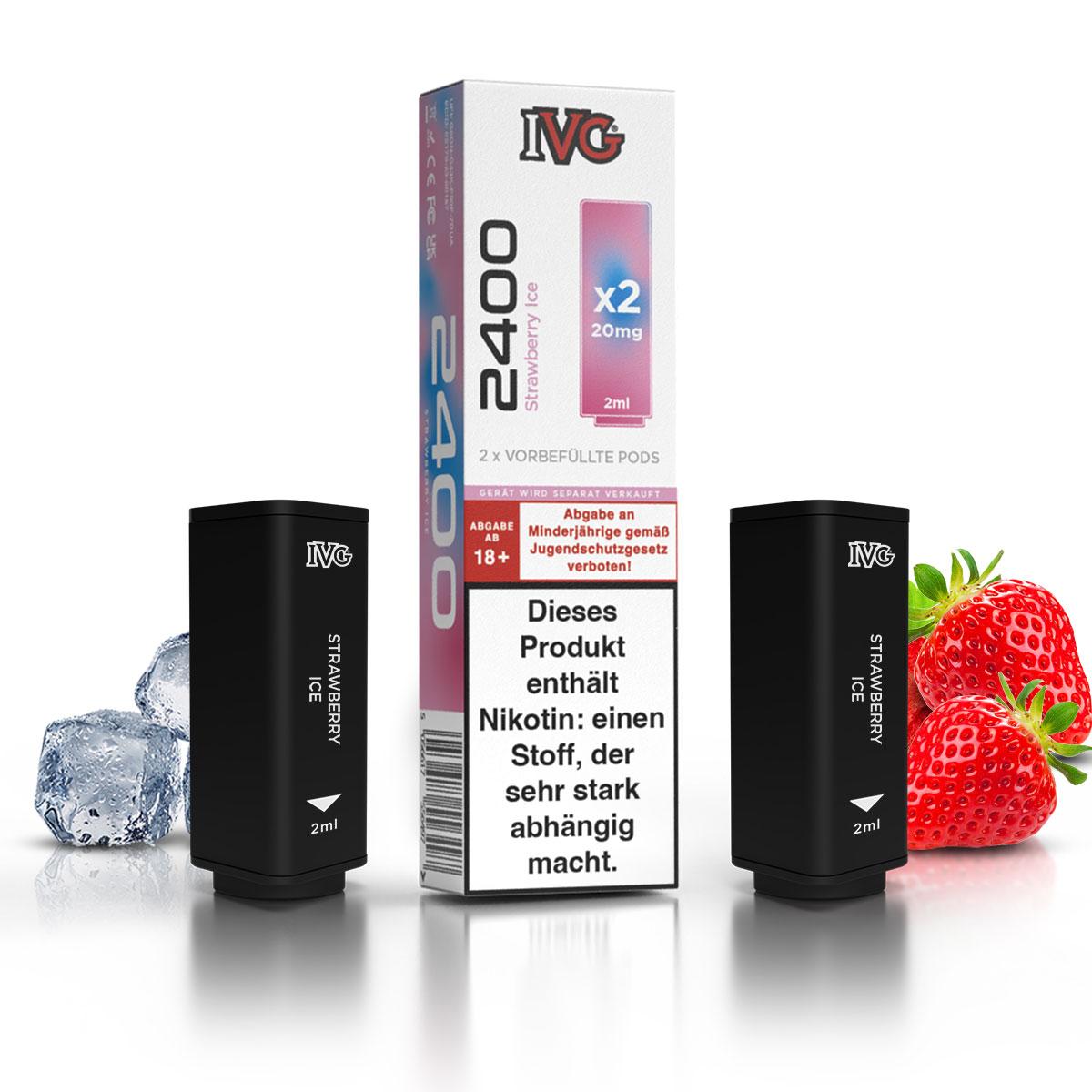 IVG 2400 Pods mit 20 mg/ml Nikotingehalt im 2er-Pack, kompatibel mit dem IVG 2400 Basisgerät zur Verwendung mit wechselbaren Pod-Einheiten.