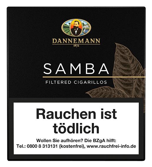 Dannemann Samba Filter Zigarillos in der Packung mit 20 Stück, inklusive gesetzlichem Sicherheitshinweis auf der schwarzen Verpackung.
