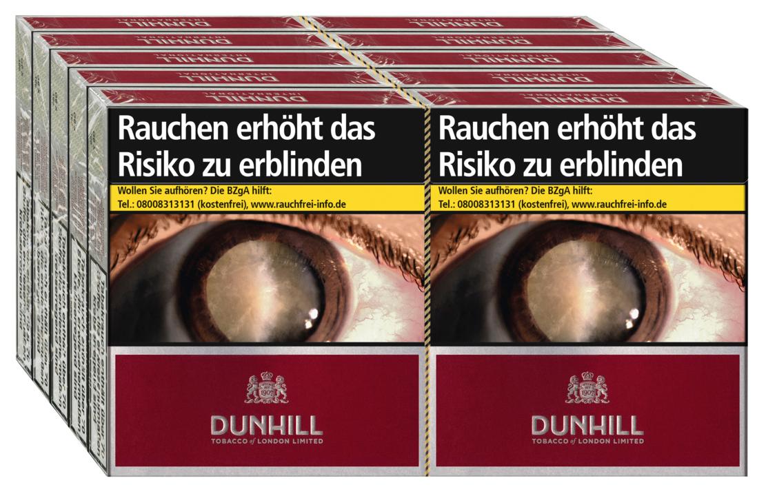 Eine Stange Dunhill International Red Zigaretten in roter Verpackung, bestehend aus 10 Packungen.
