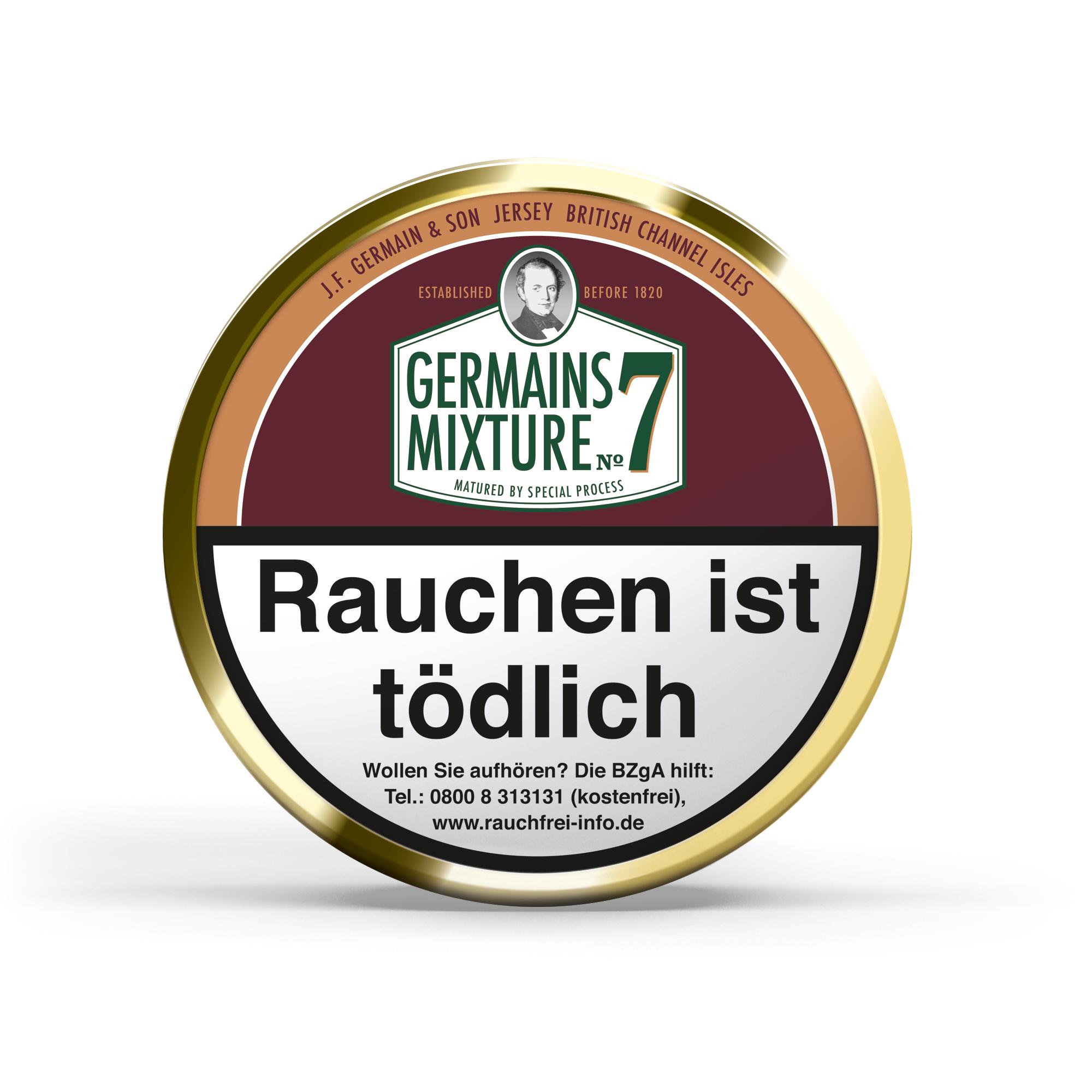 Runde Dose Germain's Pfeifentabak Mixture No. 7 100g mit rotem Etikett, goldenem Rand und dem Namen des Herstellers.