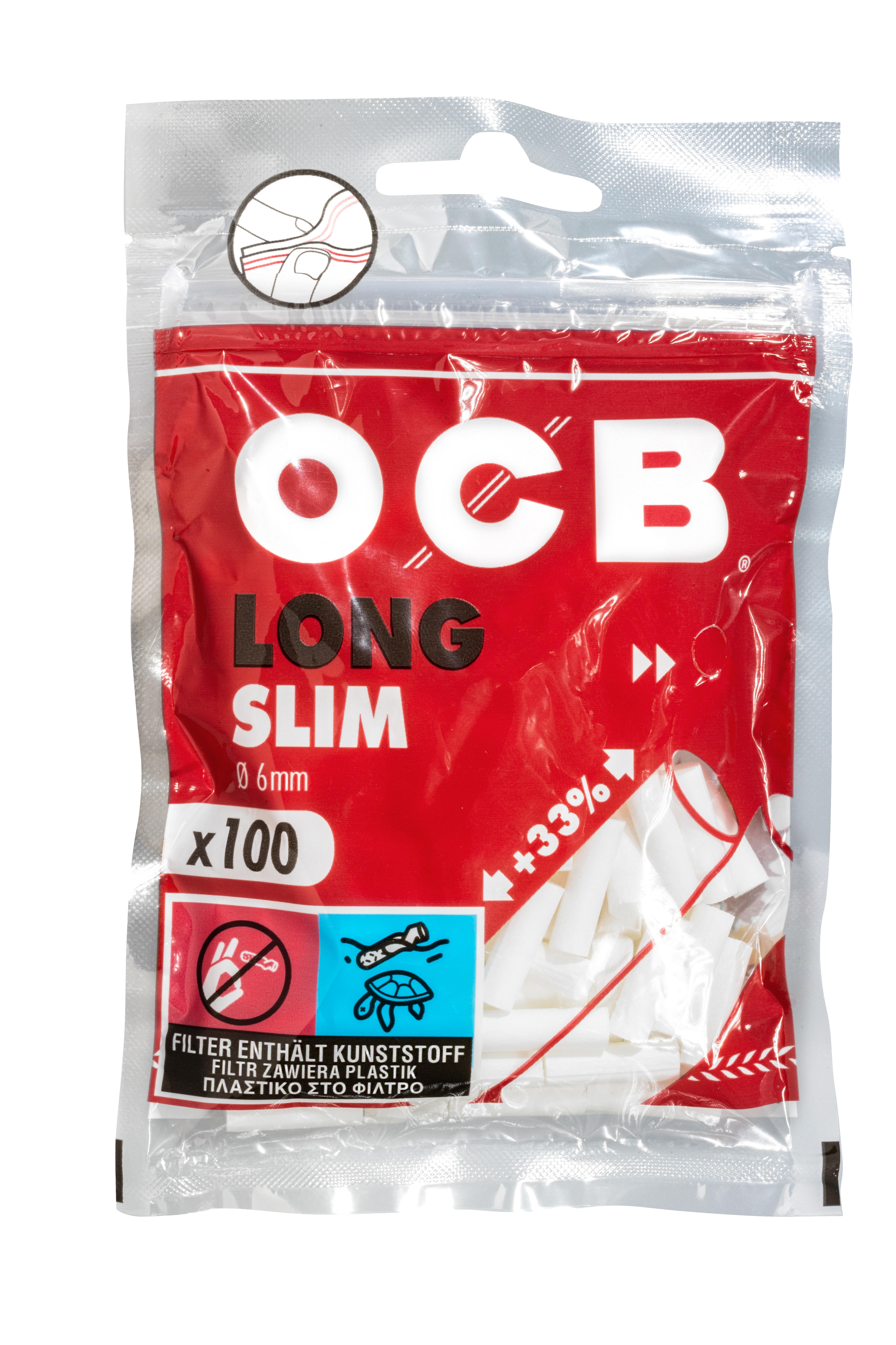 OCB Long Slim Filter 6mm in transparenter Kunststoffpackung von OCB mit 100 Stück Inhalt, rot-weißem Design.