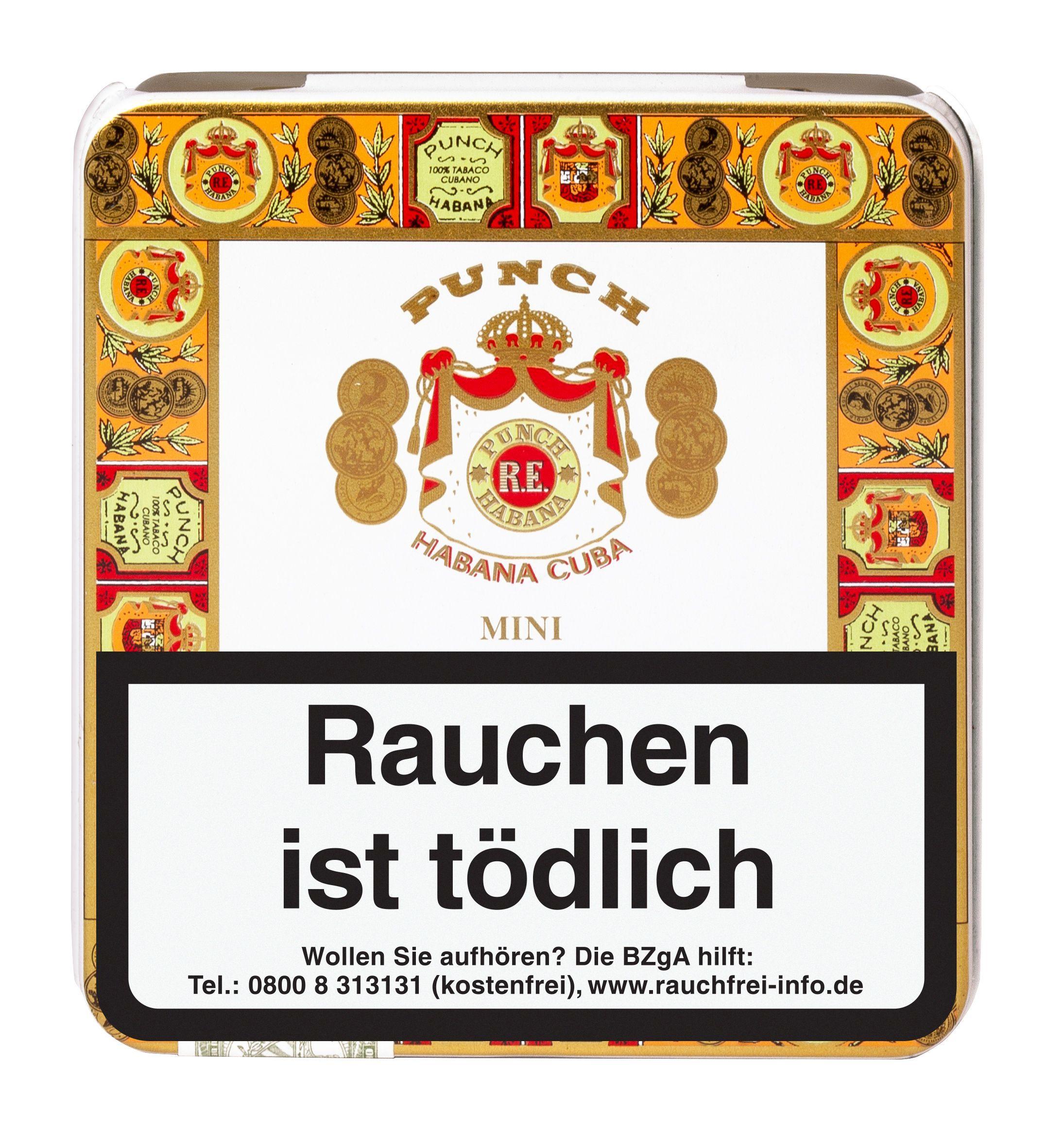 Punch Zigarillos Mini von Punch als Stange mit 5 Packungen à 20 Stück, weiße Schachtel mit goldenem und rotem Design.