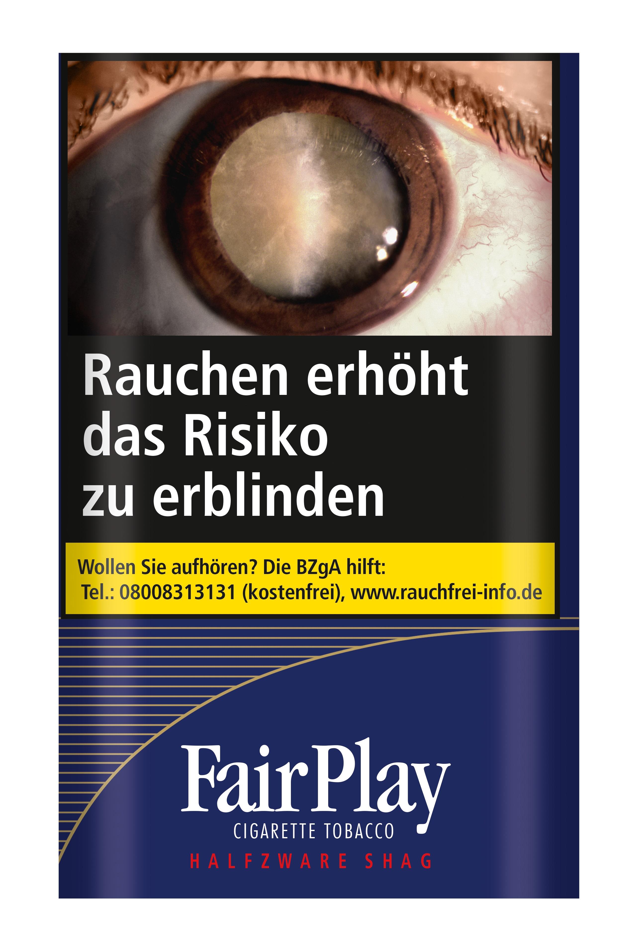 FairPlay Halfzware Zigarettentabak 30 Gramm Pouch, blaue Verpackung mit Auge und Gesundheitshinweis.