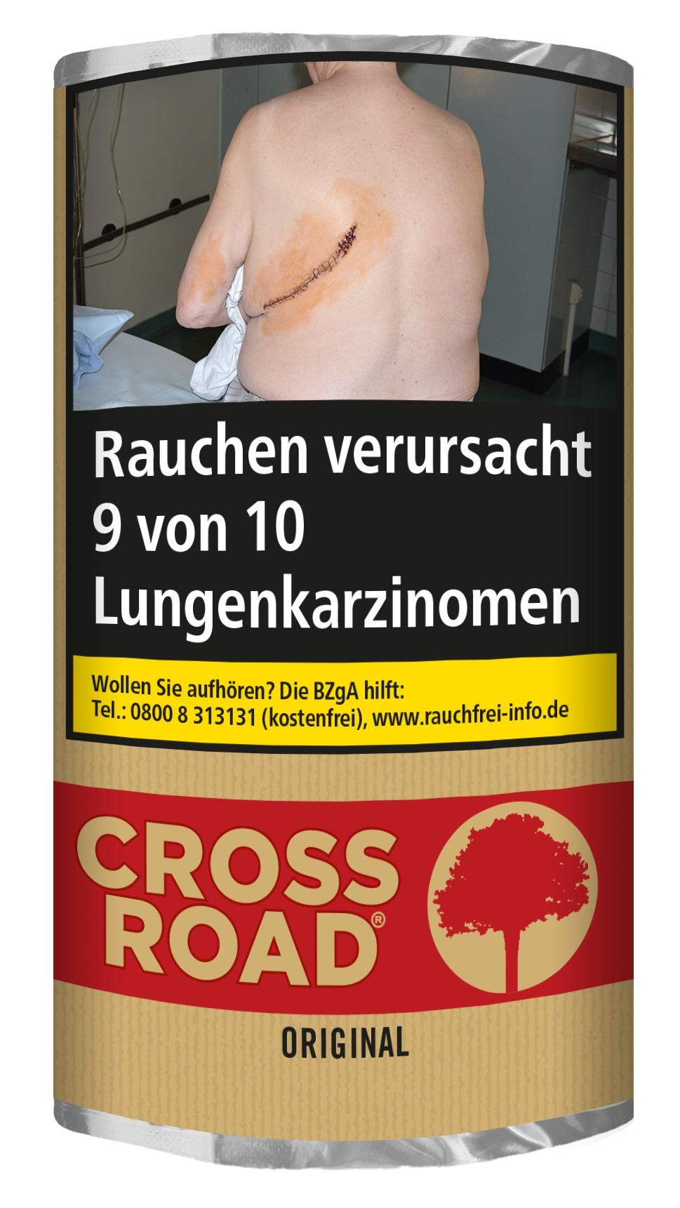 Crossroad Zigarettenabak Original 1 Gebinde 5x30 Gramm Crossroad Zigarettenabak Original in beigefarbenem Gebinde mit rotem Streifen, weißem "Cross Road" Schriftzug und Baum-Symbol. Frei von Zusätzen, 5 Pouches à 30 Stück.
