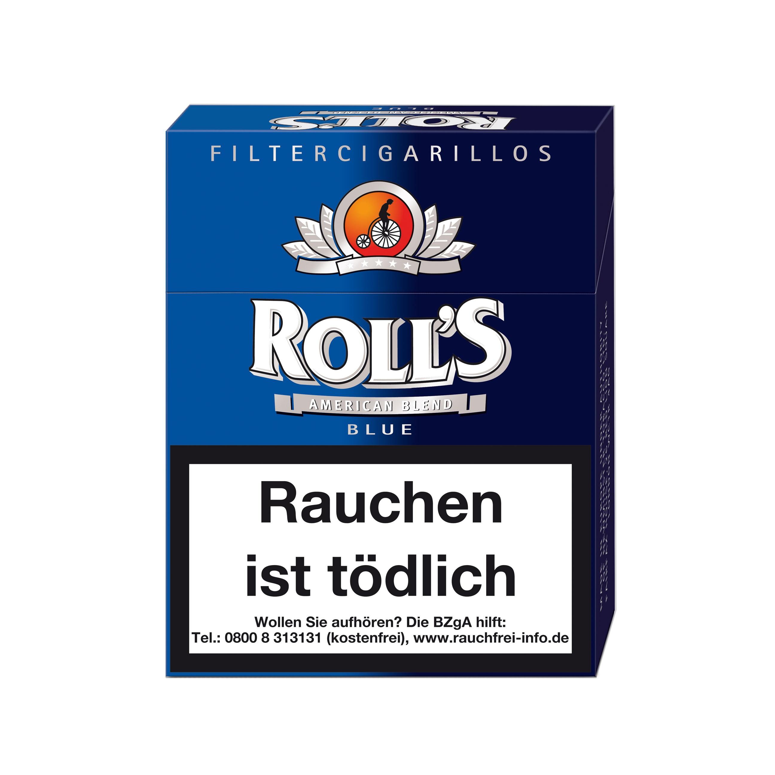 Blaue Packung Roll's American Blend Zigarillos mit rotem Logo und dem Warnhinweis 'Rauchen ist tödlich', angeboten als Stange mit 8 Packungen.