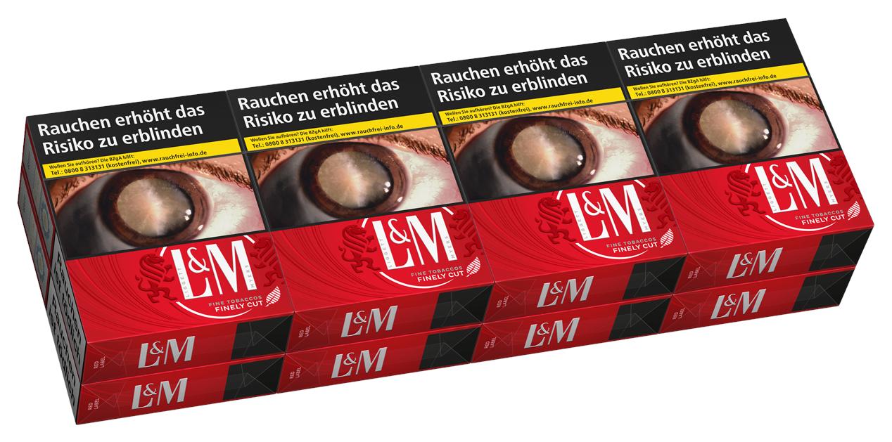 Eine Stange L&M Red XL Zigaretten, bestehend aus 8 Packungen à 22 Stück. Die roten Zigarettenpackungen von L&M sind als Stange gestapelt und zeigen das Markenlogo und den Warnhinweis "Rauchen erhöht das Risiko zu erblinden".